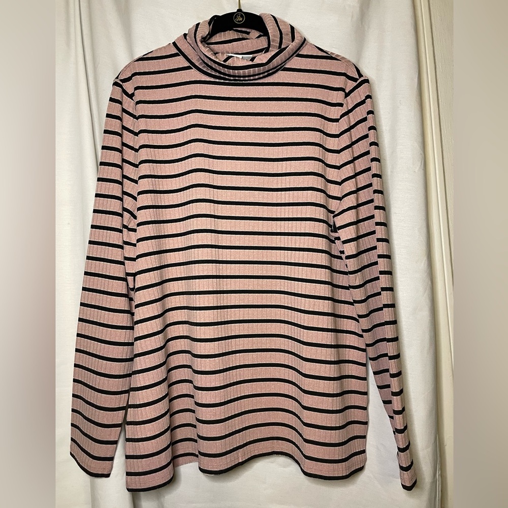 NWT Charter Club Blush Pink Navy Blue Stripe Turtleneck Sweater Size XL